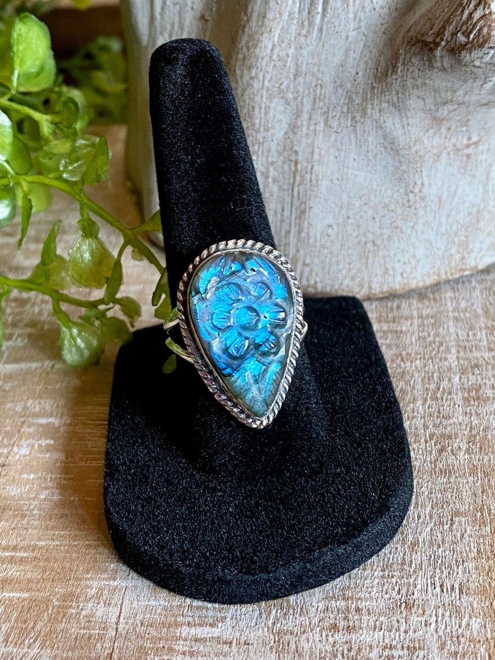 R25 Labradorite carved floral ring 925 sterling silver southwestern | size 7.25